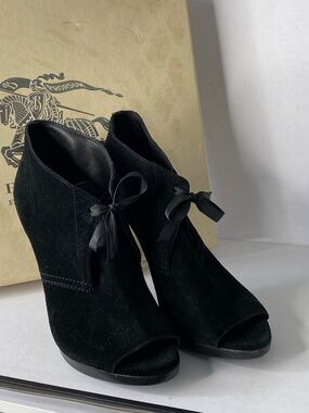 Burberry Black Suede Peep-Toe Ankle Booties with Ribbon Tie